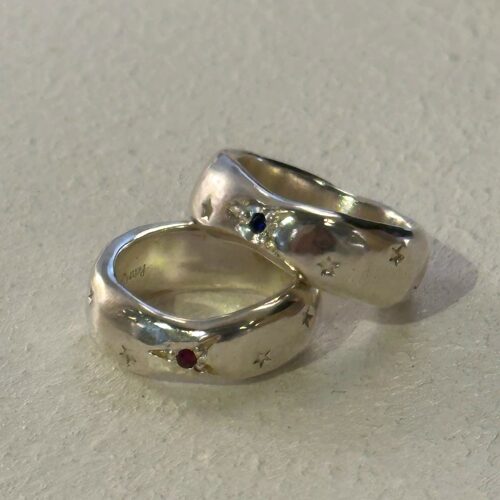 petitquatre纯手工定制通体925银镶嵌天然红蓝宝石星星戒指复古