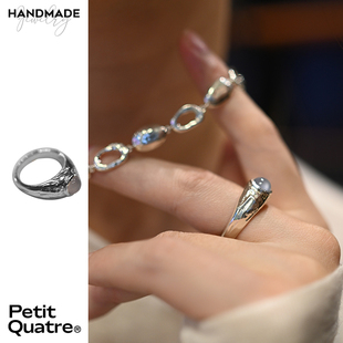 PetitQuatre手工纯银925小众设计天然蓝玉髓戒指男女同款