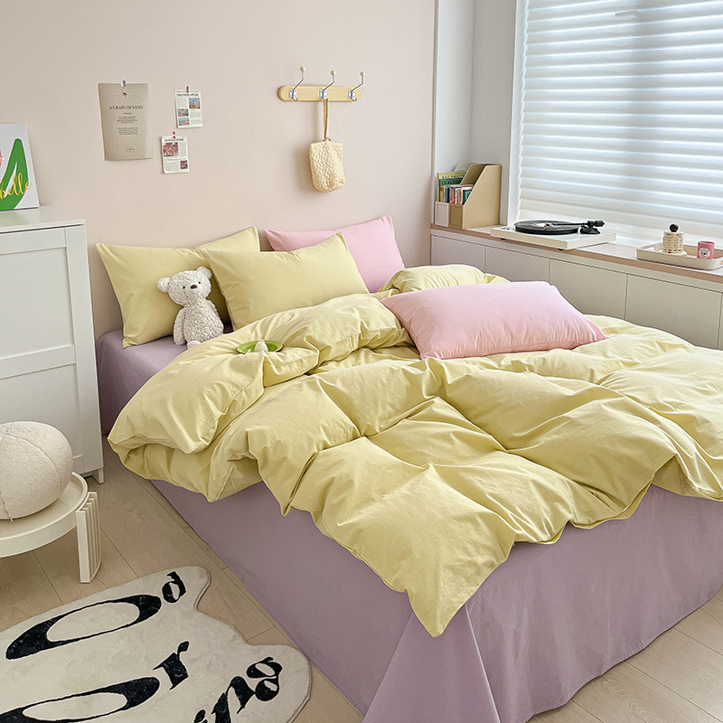 加厚全棉纯棉水洗棉四件套亲肤透气纯色床上用品床单床笠式套件