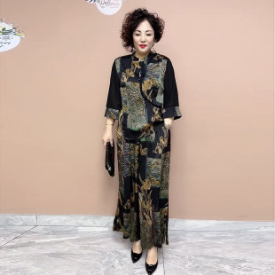 真丝套装夏季妈妈新款复古旗袍衫国风香云纱大码减龄阔腿裤两件套