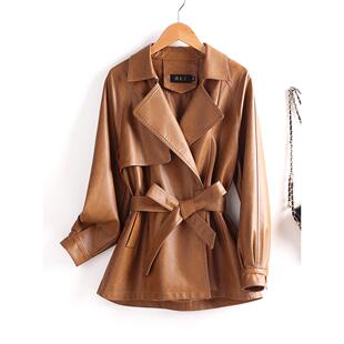 英伦真皮风衣 系带收腰显瘦韩版 2025春新款 海宁绵羊皮衣外套女短款