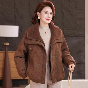 中年妈妈白鸭绒羽绒服女2025冬装新款短款鹿皮绒休闲大码宽松外套