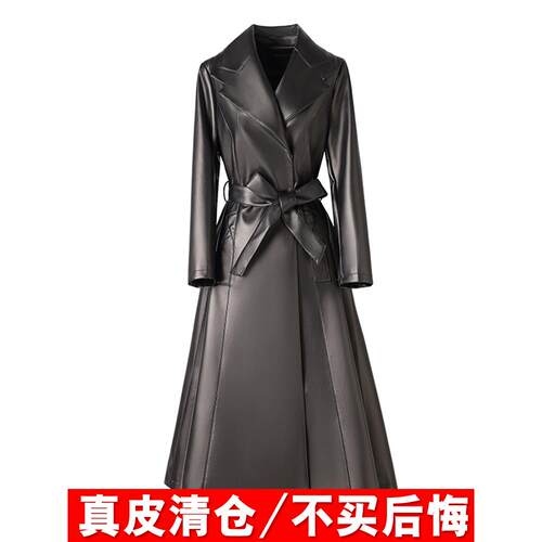 海宁真皮皮衣女中长款皮风衣外套春秋绵羊皮2025新款过膝系带大衣