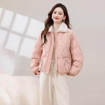 菱格羽绒棉服女短款冬季奶呼呼小个子面包服羊羔翻领加厚棉衣外套
