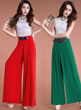 夏装时尚雪纺阔腿裤高腰纱裤裙裤女休闲长裤大脚裤宽腿裤甩裤纯色