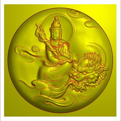 文殊菩萨圆牌精雕图带线电脑雕刻图JDP浮雕图BMP灰度图玉雕图