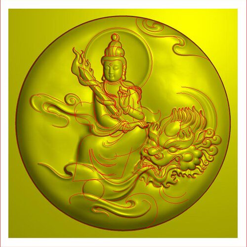 文殊菩萨圆牌精雕图带线电脑雕刻图JDP浮雕图BMP灰度图玉雕图