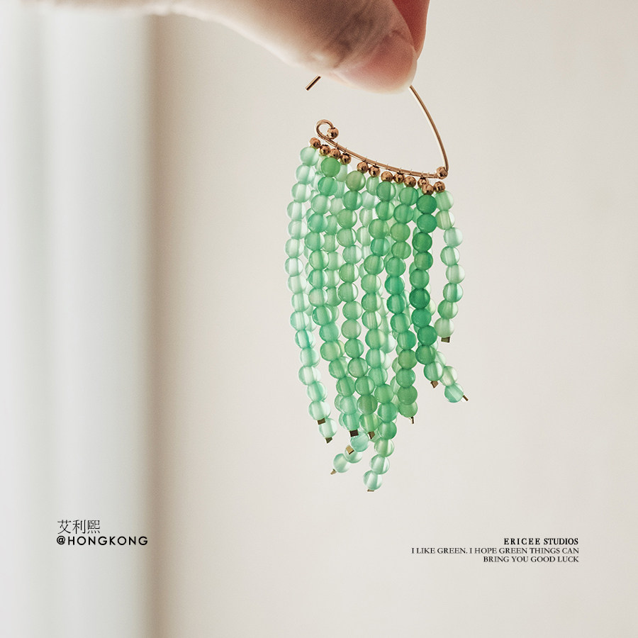 薄荷绿色的瀑布!实物太美了,天然玉石珠流苏耳环,超美精致手工