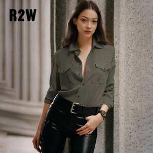 复古美拉德长袖 女薄外套美式 衬衣棕绿轻职场穿搭 衬衫 R2W棉麻工装