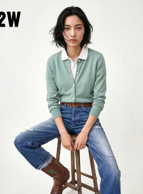R2W春秋百搭绿色薄款小外套纯色棉羊绒毛衣浅蓝短款针织开衫上衣