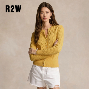 开襟麻花叠穿修身 蓝毛衣 小外套经典 R2W春复古黄绞花棉线针织开衫