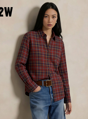 R2W格子衬衫女春秋新款法兰绒磨毛复古纯棉长袖外套内搭衬衣RTW