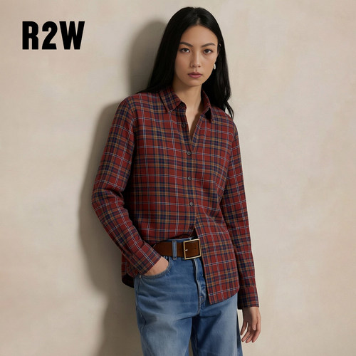 R2W宽松纯棉法兰绒格子衬衫