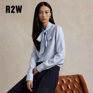 职业长袖 女修身 牛津布纯棉蓝色百搭衬衣 学院气质条纹衬衫 R2W美式