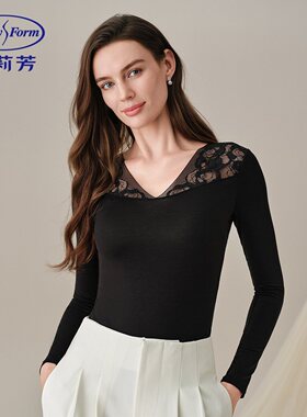 安莉芳打底衫女黑色V领蕾丝透气薄款百搭舒适秋衣打底上衣EDW0453