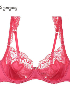夏娃的诱惑玫红色性感蕾丝文胸超薄款女士内衣胸罩1309113