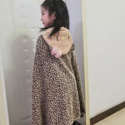 豹纹kt猫浴巾女加厚柔软吸水不掉毛带帽斗篷儿童披风加大加厚浴巾