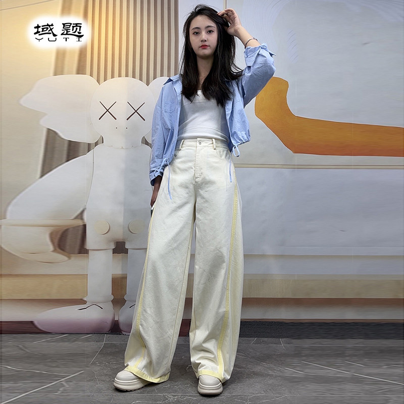 侧边条纹阔腿裤宽松百搭洋气牛仔裤女装2025春夏新款直筒裤子高腰