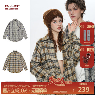 复古长袖 休闲美式 格子衬衫 秋季 潮情侣外套女 男款 BJHG不计后果美式