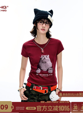 BJHG不计后果 小猫正肩短袖t恤女款夏季衣服修身美式半袖红色上衣