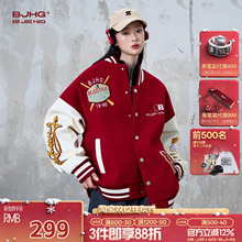 BJHG不计后果美式羽绒棒球服男款冬季加厚外套情侣装红色羽绒服女