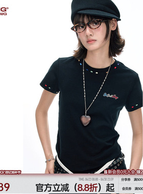 BJHG不计后果彩绣针织T恤短袖女款夏季微弹修身设计感正肩T恤上衣