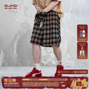 直筒宽松阔腿运动情侣五分裤 美式 男夏季 BJHG不计后果格子透气短裤