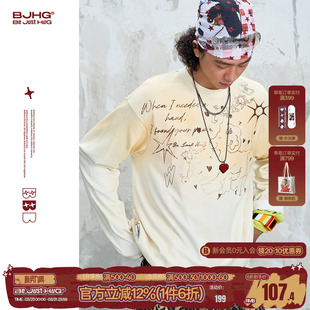 美式 BJHG不计后果 春季 t恤男款 复古设计感情侣卫衣女 趣味渐变长袖