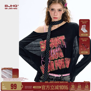 BJHG不计后果千禧风罩衫长袖T恤女夏季美式甜辣内搭打底斜肩上衣