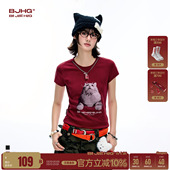 半袖 BJHG不计后果小猫抓鱼T恤短袖 微弹修身 夏季 凉感正肩t恤女 女款