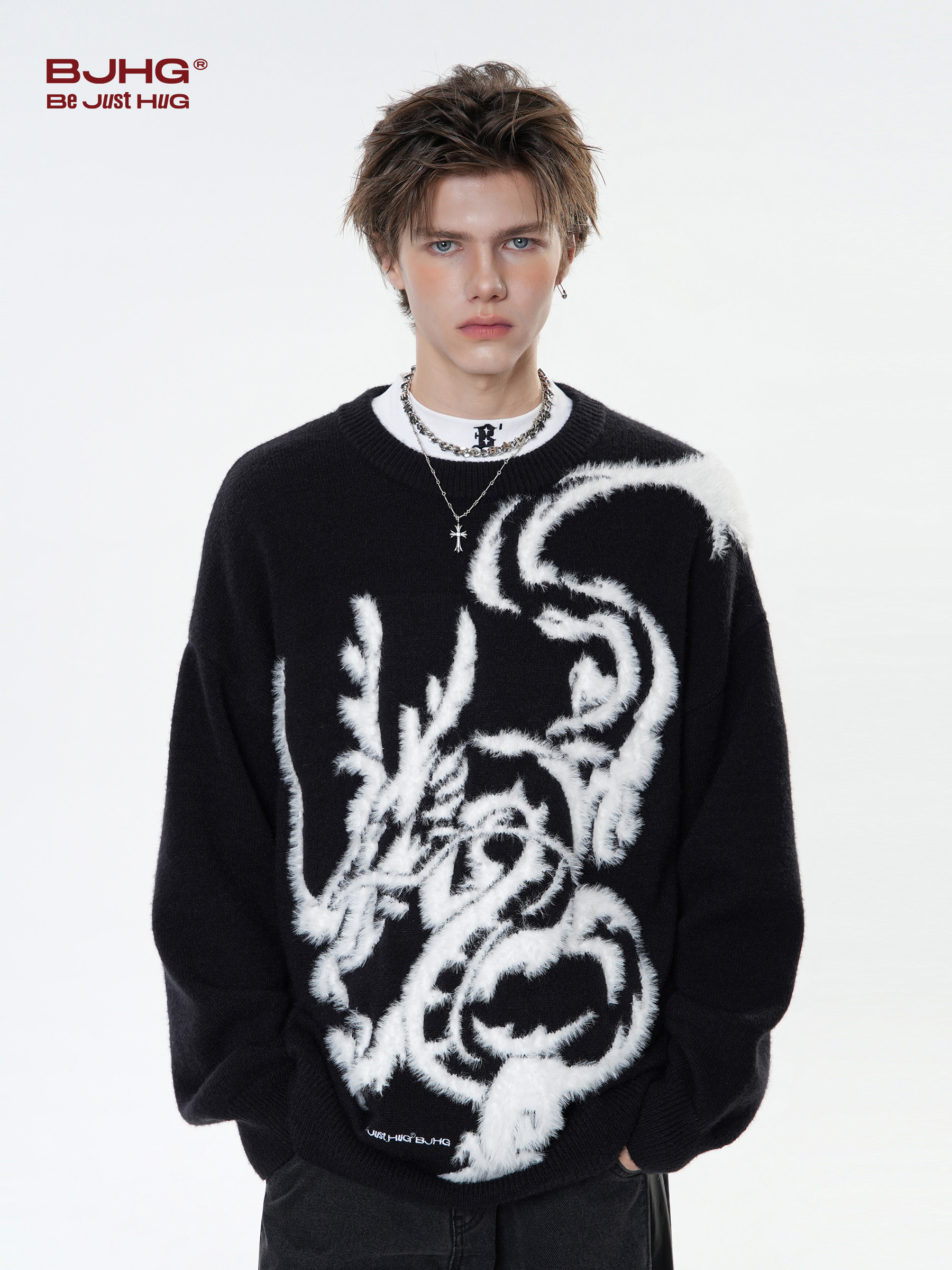 BJHG 무모한 새해 드래곤 레드 스웨터 남자 겨울 미국 게으른 스타일 커플 스웨터 재킷