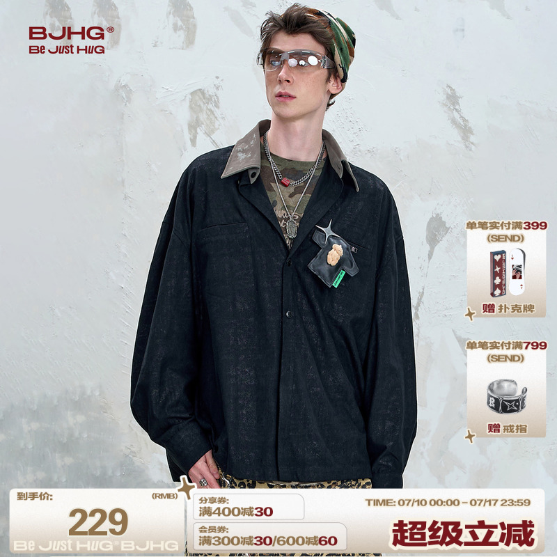 BJHG不计后果复古衬衫男款秋2025新款潮牌拼皮设计感痞帅衬衣外套