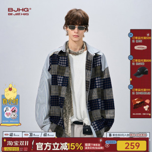 BJHG不计后果格子男式衬衫外套秋高级感痞帅美式复古拼接条纹衬衣