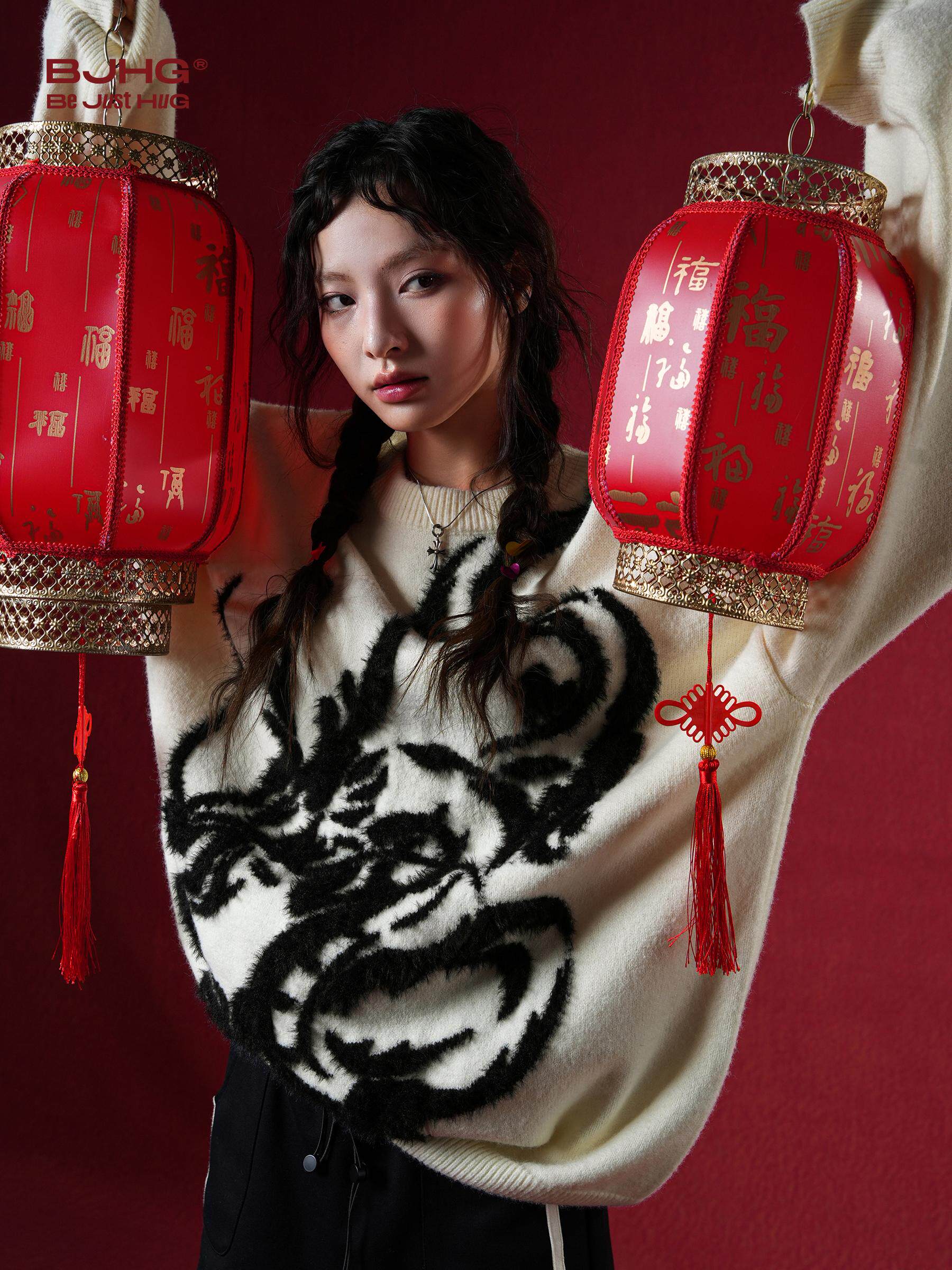 BJHG 무모한 새해 드래곤 레드 스웨터 남자 겨울 미국 게으른 스타일 커플 스웨터 재킷