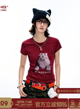 BJHG不计后果 小猫正肩短袖t恤女款夏季衣服修身美式半袖红色上衣