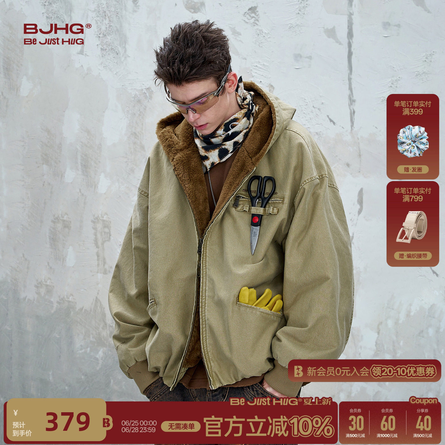 BJHG不计后果巴恩风工装棉服外套男款冬美式复古做旧仿貂毛棉衣女