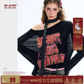 美式 T恤女夏季 甜辣内搭打底斜肩上衣 长袖 BJHG不计后果千禧风罩衫