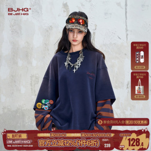复古休闲宽松假两件长袖 秋冬新款 T恤女 卫衣男款 BJHG不计后果美式