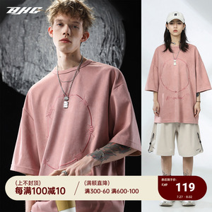 BJHG不计后果 夏季重磅麂皮绒粉色T恤男潮牌宽松情侣短袖大码半袖