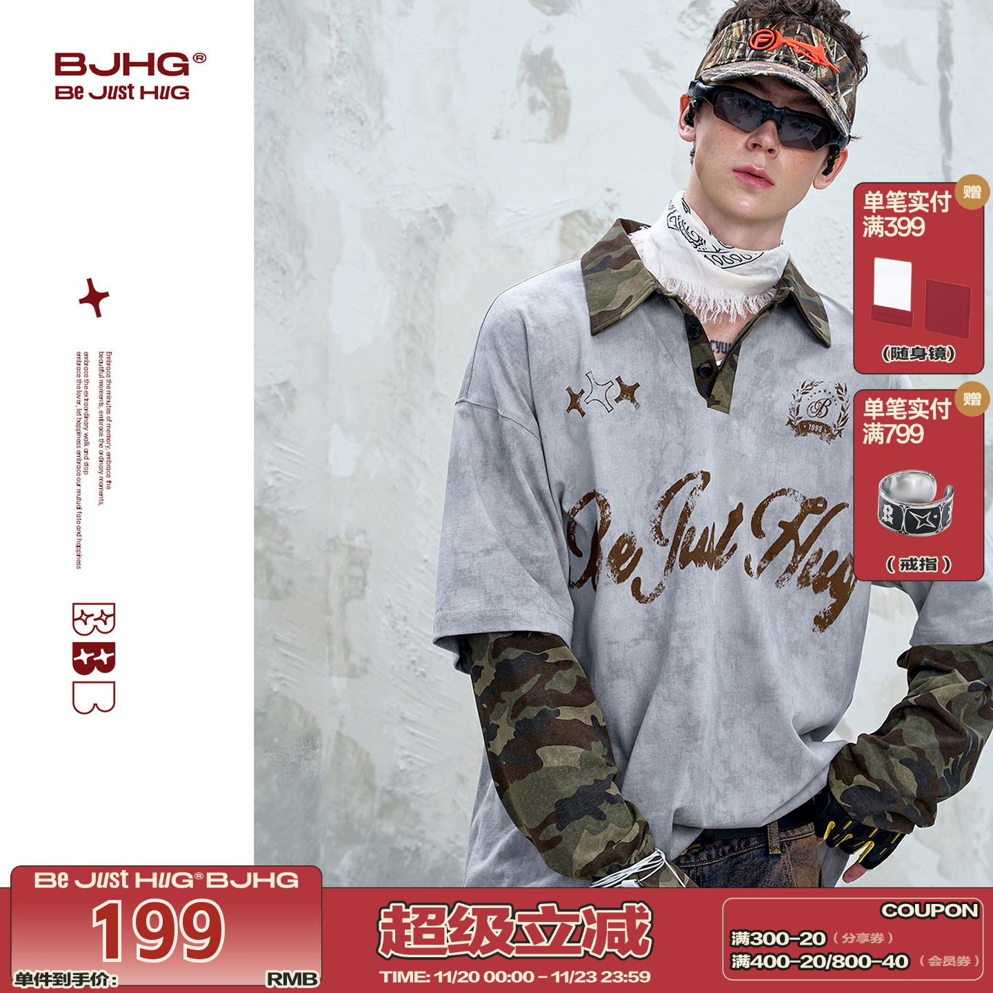 BJHG假两件POLO衫长袖男t恤撞色