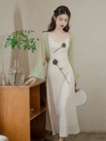 Весенний ретро горный чай, платье, комплект, платье-комбинация, белый кардиган, длинная юбка, французский стиль, V-образный вырез