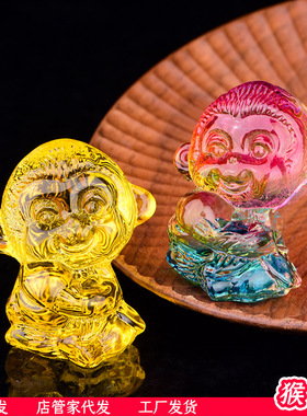 琉璃小猴抱桃摆件办公室开业柜台招财礼品家居装饰黄水晶猴子优选
