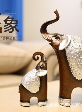新中式大象母子玄关桌面装饰摆件