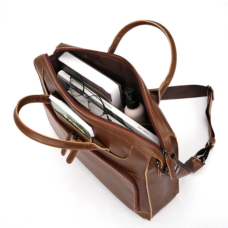 THE NEW CRAZY HORSE PATTERN PU LEATHER BUSINESS BRIEFCASE RETRO MENS BAG 14 INCH LAPTOP BAG IS A HOT MODEL