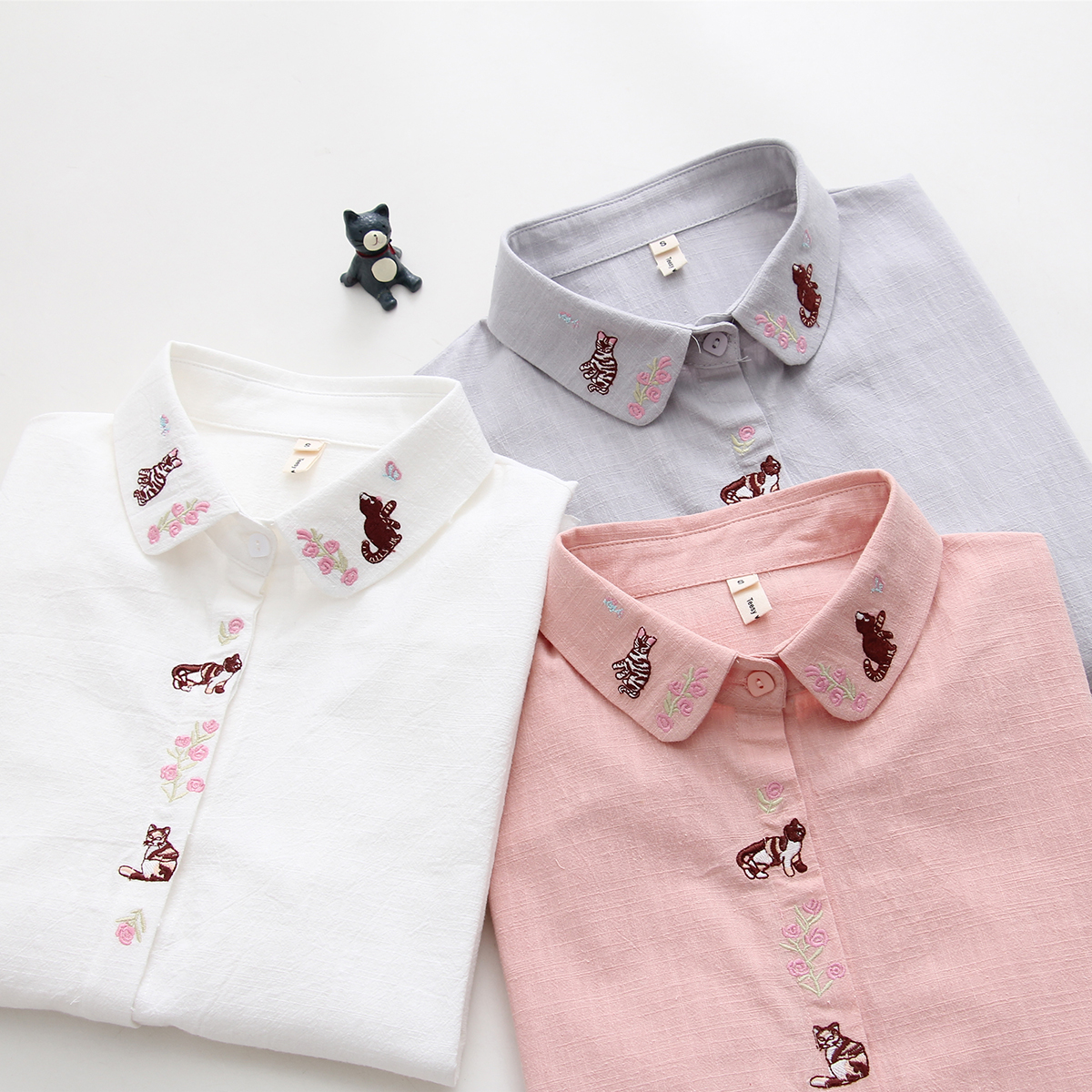 2019秋季新款韩版甜美猫咪刺绣衬衫女长袖宽松学生小清新衬衣上衣在类目 女装/女士精品, 衬衫中 - 来自Buy2taobao.com提供专业的淘宝代购服务