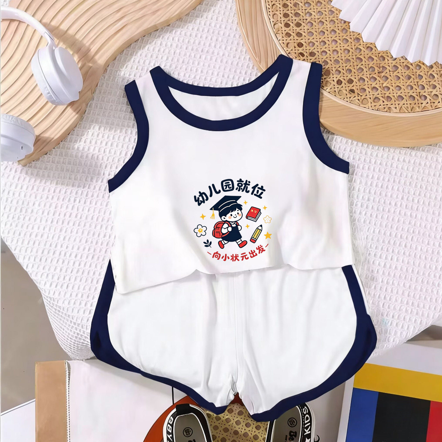 幼儿园就位~开学季教师节拼色背心短休闲裤套装夏季男女宝宝运动