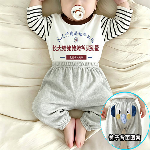 长大给姥姥姥爷买别墅~春秋款长袖A类纯棉套装男女宝宝休闲两件套