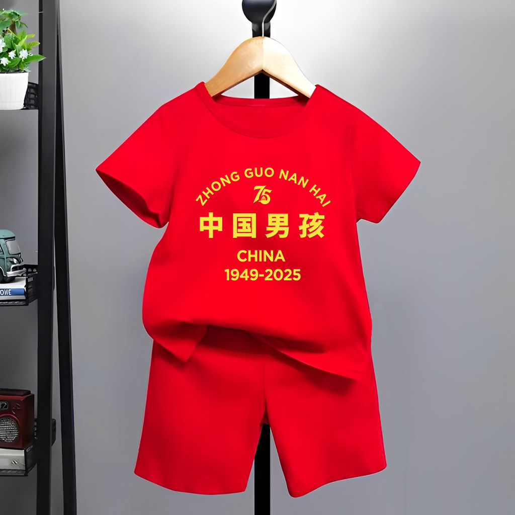 国庆出游男宝宝一周岁礼服夏装女宝生日男宝宝抓周服纯棉短袖套装