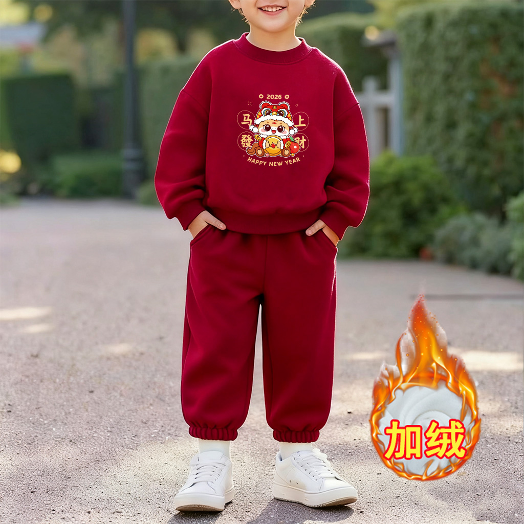马上发财~男女童冬季加绒卫衣宝宝喜庆拜年服中小童新年红色套装