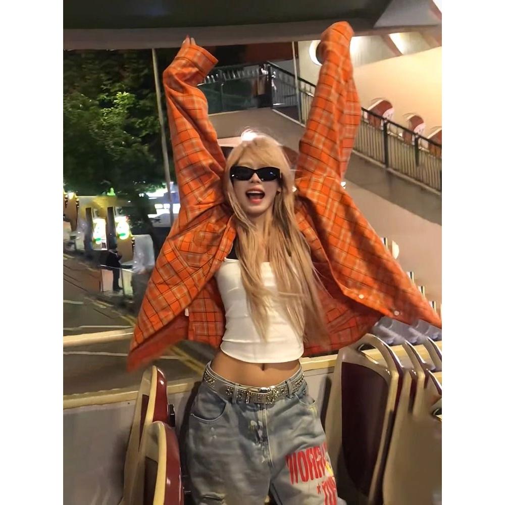 TR面料原版质量美式设计感春夏格子衬衫女防晒外套长袖潮牌衬衣，女装衬衫，米鹿服饰